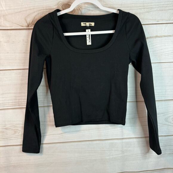 Madewell Black Square-Neck Long-Sleeve Crop Tee in Sleekhold Size Small - Picture 1 of 7